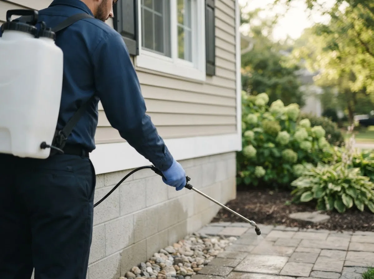 Pest control technician inspecting a home in Panama, IA